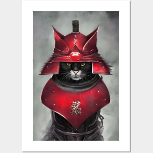 Samurai Cat wearing Red Armour Posters and Art